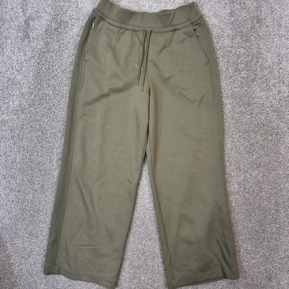Athleta Pants Womens L Wide Leg Olive Green High Rise Drawstring EUC
